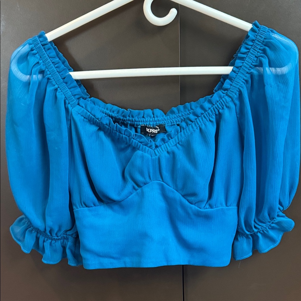 Express Vibrant Blue Crop Top with sheer puff sleeves. Size XS